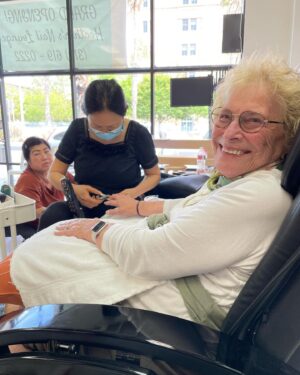 Sharon Bialy Instagram - This is how I get my 94 year old mom ready for her big trip across the country tomorrow. Gotta look good on the plane! #mom #gramdma