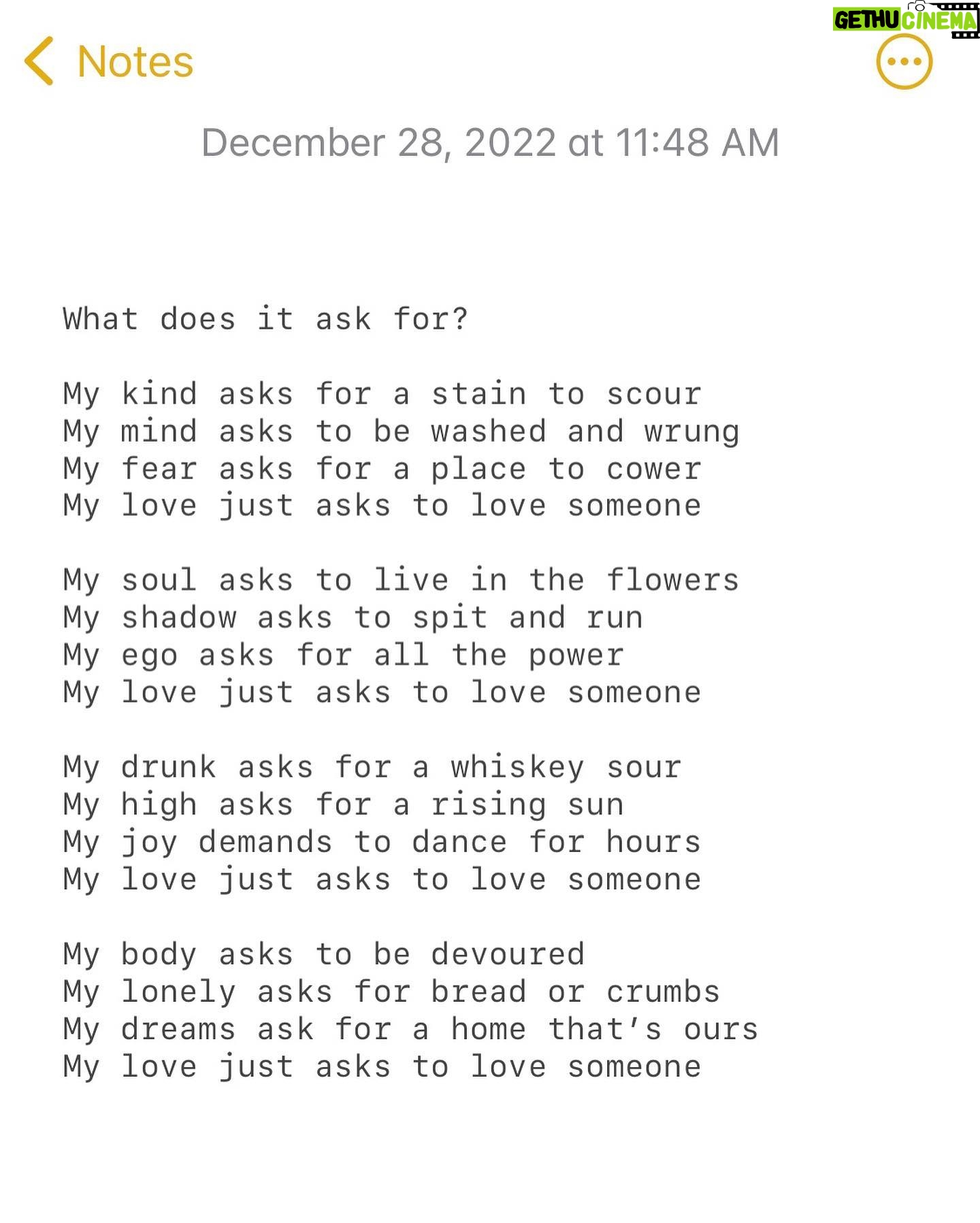 Shungudzo - 373 Likes - What does it ask for?
⠀⠀⠀⠀⠀⠀⠀⠀⠀
My kind asks for a stain to scour
My mind asks to be washed and wrung
My fear asks for a place to cower
My love just asks to love someone
⠀⠀⠀⠀⠀⠀⠀⠀⠀
My soul asks to live in the flowers
My shadow asks to spit and run
My ego asks for all the power
My love just asks to love someone
⠀⠀⠀⠀⠀⠀⠀⠀⠀
My drunk asks for a whiskey sour
My high asks for a rising sun
My joy demands to dance for hours
My love just asks to love someone
⠀⠀⠀⠀⠀⠀⠀⠀⠀
My body asks to be devoured
My lonely asks for bread or crumbs
My dreams ask for a home that’s ours
My love just asks to love someone