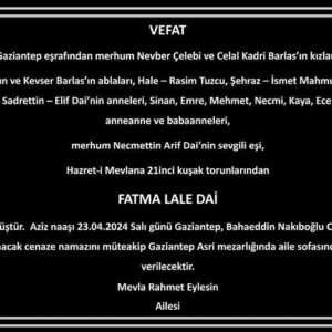 Sinan Tuzcu Instagram - “İnnâ lillâhi ve innâ ileyhi raciun…” … Ailemizin ulu çınarı, kıymetlimiz, bildiğimiz ne varsa öğrendiğimiz, canımızın yongası, annamız, Fatma Lale Dai sevgiliye kavuşmuş, vuslata ermiştir. Yattığı yer incitmesin … Mevla rahmet eylesin.
….
“Biz yukardan geldik yukarı gideriz 
Biz denizden geldik denize gideriz
Biz oradan buradan değiliz 
Biz yersiz yerdeniz ve 
Yersiz yere gideriz…”