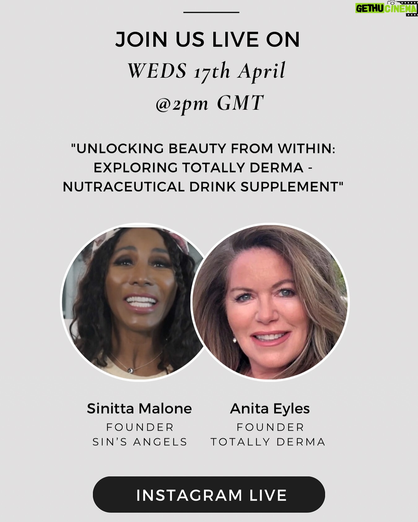 Sinitta - 3 Likes - Join us on Live today with founder of @totallyderma and @thesinittaofficial as we talk unlocking beauty from within and the infamous nutraceutical collagen supplement at 2pm GMT.
We look forward to seeing you all there!
#SinsAngels #TotallyDerma #SinsPartner #Brandpartner #healthandwellness #collagendrinksupplement #collagendrinks #50pluswomen #50plusandfabulous