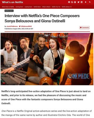 Sonya Belousova Instagram - What a fun interview!! So much love and laughter! Loooooooved chatting with What’s On Netflix!❤️ While waiting for the series and the soundtrack to drop tomorrow, find out more about the character themes and instrumentation, and how we approached the music world building for @onepiecenetflix! 🎶 I also love these pictures, we look good when we get out of our pajamas 😂😂

https://www.whats-on-netflix.com/news/interview-with-netflixs-one-piece-composers-sonya-belousova-and-giona-ostinelli/

#onepiece #onepieceliveaction #onepiecenetflix