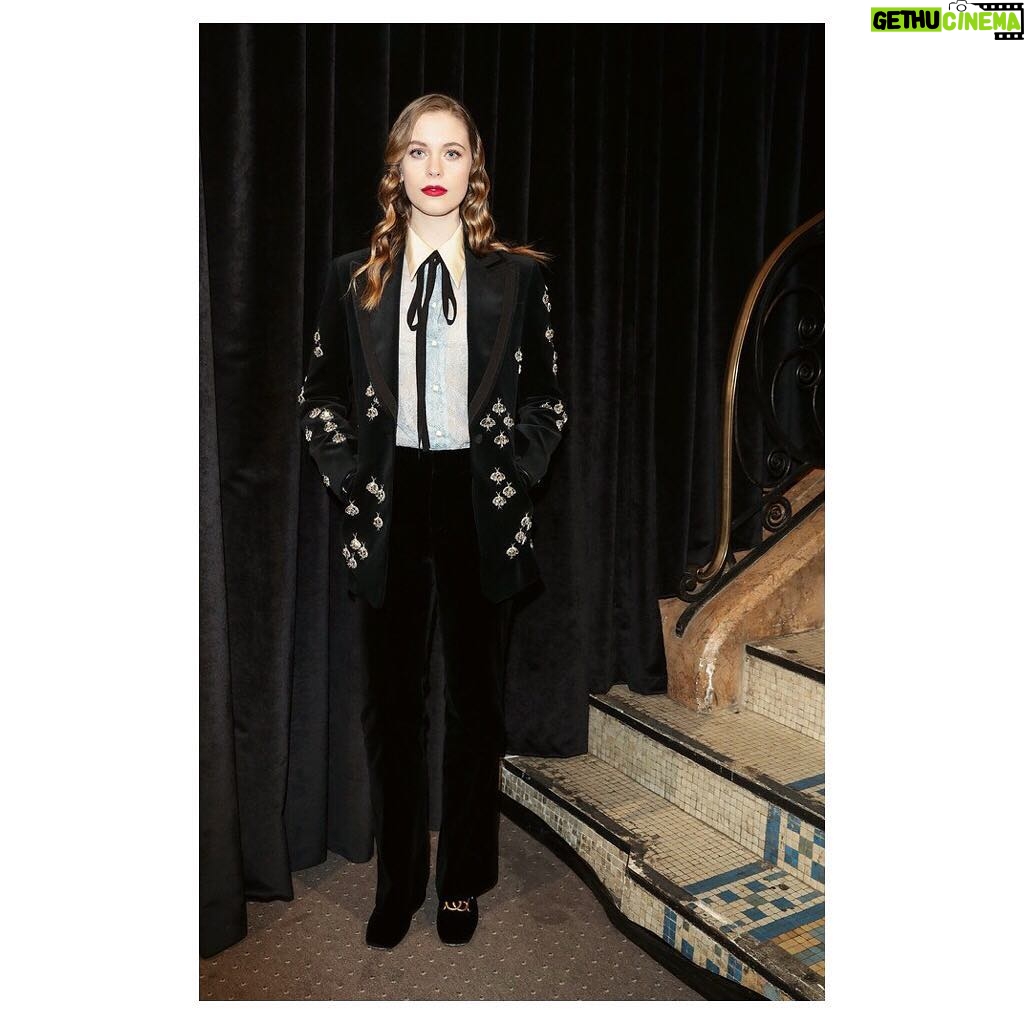 Sorcha Groundsell - 2.6K Likes - Thank you so much @gucci and @lallo25 for giving my first incredible, beautiful, crazy experience of a fashion show. It was a work of art, and despite looking like I’m about to punch someone in this photo, I’m so glad and honoured I could be there to see it (and to be in the same room as Jane Birkin!!) I loved every second.
Styling by the genius @aimeecroysdill 🖤