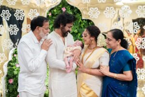 Srinish Aravind Instagram - When the whole family came together to celebrate 🥰
.

Click @sainu_whiteline @_whiteline_photography_ 
Decor @thegreindale 
MUA and Jewellery @sajithandsujith 
Styled by @sabarinathk_ 
Saree @kasavukada_1985 
Nila wearing @sabarinathk_ 
Saree draping @drapewithkp