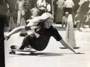 Stacy Peralta Instagram - This skateboard is my most precious possession.  Why?  Because it’s the board I transitioned from clay to this rumored new wheel made of a space-age material called Urethane.  They said urethane wheels could handle hard turns, run over pebbles and cracks and ride smoothly over rough pavement.  The promise sounded impossible and on top of that they were going to sell for the preposterous price of $2.00 a set!  That’s 50 cents a wheel.  Why would I pay 50 cents for one wheel when I could buy 16 clays for 50 cents at the bargain bin of a thrift store?  What a scam.  One of my skate buddies was Kevin Farlee, who aside from having the messiest bedroom I’d ever seen, Kevin was writing computer programs in high school and so he was far smarter than me.  He showed up at my house one day with a set of urethane wheels mounted on his homemade board.  This was my first sight of them.  He said they were called Cadillac Wheels; they were translucent, soft to the touch and so unlike anything I’d ever seen.  He said they rode beautifully but I was skeptical so he handed me his board and said: “see for yourself.” I dropped his board on my driveway, took two fast pushes and turned hard onto the sidewalk expecting the wheels to slide out.  They didn’t. I then did a number of rapid fire pumping turns up the sidewalk and then ripped a Bertleman turn on the corner and the wheels held.  Okay, how about this…I purposely ran over some vengeful cracks, cracks I religiously avoided on clay and I breezed over them.  WOW!  How was this possible?  For years I’d been riding wheels that were the equivalent to what the ancient Romans used on their chariots and now I’m riding wheels with the smoothness of rubber.  It was revolutionary!  Kevin was not only a good friend but a gentle person and a generous one too.  Everyday for the next three weeks he came to my house, sat on my lawn and let me rip around on his board.  Urethane wheels were everything they promised and they were about to unlock everything we could ever dream of including the flight paths of our lives because my life’s journey began the day Kevin brought those wheels to my house.  Thanks Kev, I still owe you…DM me to catch up!