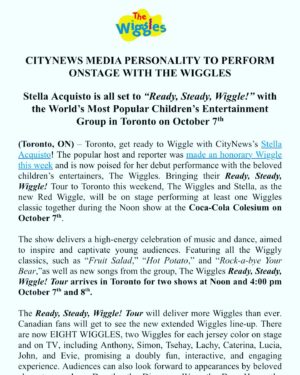 Stella Acquisto Instagram - I’m just going to post this here so it stays forever in my feed.  To say I’m excited is an understatement.  Being named an honorary Wiggle and performing with them this Saturday at noon in #Toronto is a career highlight.  Through maternity leave I would often watch @thewiggles with my daughters, so when they asked me to take part in the show it was a 💯 YES!!!!
Someone pinch me! #thewiggles #wiggletown #wigglehouse #hotpotatohotpotato #tv #stage #kids