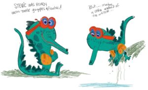 Stephanie Garcia Rizo Instagram - Just having fun with this alligator named Stevie~Also thinking about how fun it is to wear swim goggles 🌊🥽 swipe for process Vid ➡️✨✨

#art #animation #characterdesign #illustration #aligator #swim