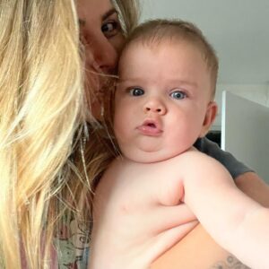 Stephanie Simbari Instagram - Four months with this beautiful squish, can’t believe I ever lived without his wise and radiant smile or tiny giggles, gurgles, sneezes, and farts. Witnessing him discovering himself and embracing him as our little road dog is pure joy. Being a mom has given my heart so much purpose, a lifetime with this guy hardly seems like enough. 🤩❤️‍🔥
