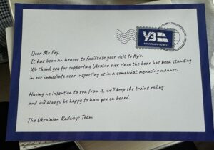 Stephen Fry Instagram - A delightful tour of the Kyiv railway station before boarding the sleeper for Poland. They gave me some very charming gifts, including this card - it is wonderful how fond of Jeeves and Wooster they are in Ukraine