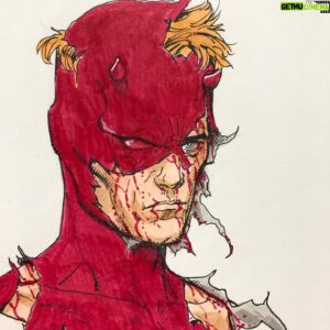Steve McNiven Instagram - Here’s a DD drawing I did while at the table at @mefcc , pencil, ink and copic markers. #daredevil #marvelcomics #stillstanding #originalcomicart #coloursketch #penandink #copicmarkers #abudhabi #mefcc2024 #stevemcniven