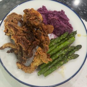 Styles P Instagram - In my mind I could have got the James beard award for this!😭😭😭😭🤙🏽 (fried oyster mushrooms, purple sweet potatoes and asparagus).