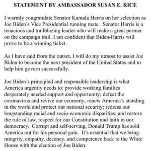 Susan Rice Instagram - I look forward to supporting the Biden-Harris ticket with all my energy and commitment! @joebiden @kamalaharris