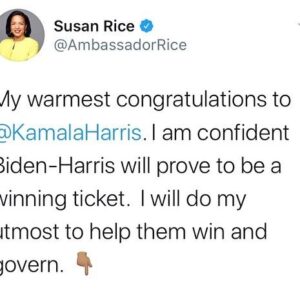 Susan Rice Instagram - I look forward to supporting the Biden-Harris ticket with all my energy and commitment! @joebiden @kamalaharris