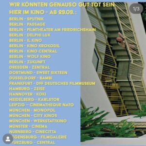Susanne Wuest Instagram - Herr und Frau Drescher im Glück ☺️✨ - “Wir könnten genauso gut tot sein” ist ab jetzt im KINO!! 
Geht und seht euch diesen grossartigen Film der schon einige Festivalpreise eingesammelt hat im Kino an - auf Leinwand ist er am besten 😌 🍿- viel Spass und schreibt doch wie er euch gefallen hat!

In der Hauptrolle die grossartige Ioana Jacob, Pola Geiger, Jörg Schüttauf, Moritz Jahn, Siir Eloglu - der phantastische Knut Berger und viele andere…  Kinos anbei!!
.
#wemightaswellbedead #kino #deutschland #knutberger #ioanajacob #susannewuest #directedby #nataschasinelnikova #arthousecinema #komödie #blackcomedy #debut #awardwinner #tagderdeutscheneinheit #wirkönntengenausoguttotsein