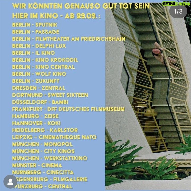 Susanne Wuest - 758 Likes - Herr und Frau Drescher im Glück ☺️✨ - “Wir könnten genauso gut tot sein” ist ab jetzt im KINO!!
Geht und seht euch diesen grossartigen Film der schon einige Festivalpreise eingesammelt hat im Kino an - auf Leinwand ist er am besten 😌 🍿- viel Spass und schreibt doch wie er euch gefallen hat!
In der Hauptrolle die grossartige Ioana Jacob, Pola Geiger, Jörg Schüttauf, Moritz Jahn, Siir Eloglu - der phantastische Knut Berger und viele andere… Kinos anbei!!
.
#wemightaswellbedead #kino #deutschland #knutberger #ioanajacob #susannewuest #directedby #nataschasinelnikova #arthousecinema #komödie #blackcomedy #debut #awardwinner #tagderdeutscheneinheit #wirkönntengenausoguttotsein