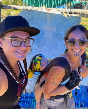 Tania Larsson Instagram - Had a wonderful week at the Mouse Camp outside of Fort Simpson tanning hides.

Qillu fleshed her hide with baby on her back sleeping soundly.
We helped Erin lace a large moosehide on a frame, and let it dry in the sun to be ready for scraping.
Ikajuut enjoying the shade in the bug tent.
Ethel’s hide all softened laced up on a frame blessed by a dragonfly.
Cathy scraping the water out of her hide so she can twist it.
Baby Ikajuut sleeping in his swing while Qillulaaq and Celine scrape her moosehide hide.
Earl monitoring camp after a bear stopped by to check it out.
Enjoying the sunset after a long hot day working on hides.

#moosehidetanning #denenahjo #liidliikuefirstnations