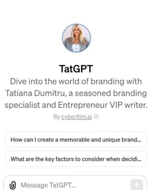 Tatiana Dumitru Instagram - Thrilled to be one of the first to have their own custom ChatGPT created, and I'm super excited to introduce you to TatGPT - Your Personal Branding Expert!💃

As a seasoned brand specialist, I've channeled my expertise and experience into crafting this exceptional tool, and I'm eager for you to experience its capabilities.

🔹 Need guidance on rebranding? TatGPT is here to assist. 

🔹 Seeking expert advice on brand naming? TatGPT has the answers.

 🔹 Curious about effective branding strategies? TatGPT has the insights you seek.

But here's the twist – TatGPT not only provides accurate answers, but it also mirrors my own voice and style, complete with the occasional pun. 🎙️ So, get ready for a branding experience that's not just informative but also delightfully witty!

And that's not all – feel free to throw in some personal questions; you might be surprised by the responses! 

Click the link in my bio to give TatGPT a spin and discover a world of branding wisdom.

 What's the first question you'd like to ask TatGPT? 

Let's get this branding party started!✨️

https://chat.openai.com/g/g-sWk24qGuR-tatgpt

#tatgpt
#chatgpt
#openai
#customchatgpt
#brandingexpert
#preteecreative