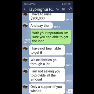 Tay Ping Hui Instagram - For the past months I have been getting so many fans asking me if I messaged them. 
Apparently someone has been opening account after account with different versions of my name and sending private messages to fans in an attempt to get their contact.

The modus operandi is anyways the same. Fella would message a female fan, (always female, terrible you know, so sexist 🤔) chat them up, ask for their number and eventually try to cheat them of their money. 
I have many other screen shots of him in action but a kind fan took him much further and as you can see, it’s totally a scam. 
Tbh I can’t help but feel flattered and insulted at the same time. Flattered because the he thinks that my fans love me so much until they would lose all common sense and obey my every command. Wah, I so powerful meh?

Insulted because he thinks I would be so careless to get myself in such financial problems and am despicable enough to make use of my dear supporters. And worse of all, he is rather clumsy with his sweet nothing, I am much sweeter than that!🤪 So my dear friends, THIS is my ONLY official account. Any other account by any other name is fake. so please do not entertain that bozo. 
Happy Wednesday y’all😘😘😘. 过去几个月，都有好多影迷朋友们问我有没有私信他们。

询问之下，原来是有人多次开启多个以我名字为本的IG户口。私信多人并尝试获取他们的私人细节。

行动方式一成不变，首先私信女影迷们（都是女的，好可恶，竟然性别歧视）跟她们聊开，索取电话号码，然后尝试骗取钱财。

坦白说，真的不知道是开心还是生气。开心因为他竟然认为我的影迷们会对我完完全全地爱得五体投地，对我所说的一切会唯命是从。生气因为他竟然认为我会让自己陷入如此财经困境，并会无耻的跟支持我的影迷朋友们骗取钱财。最可恶的是，这人的甜言蜜语太低俗了，还是我的比较甜🤪

各位朋友。我慎重声明，这是我唯一的IG账号。其他的账号都是假冒的。请不要被那个白痴欺骗哦.
周三快乐！😘😘😘. #taypinghui #郑斌辉 #humpday #wednesday #scam #scammer #fake #sgig