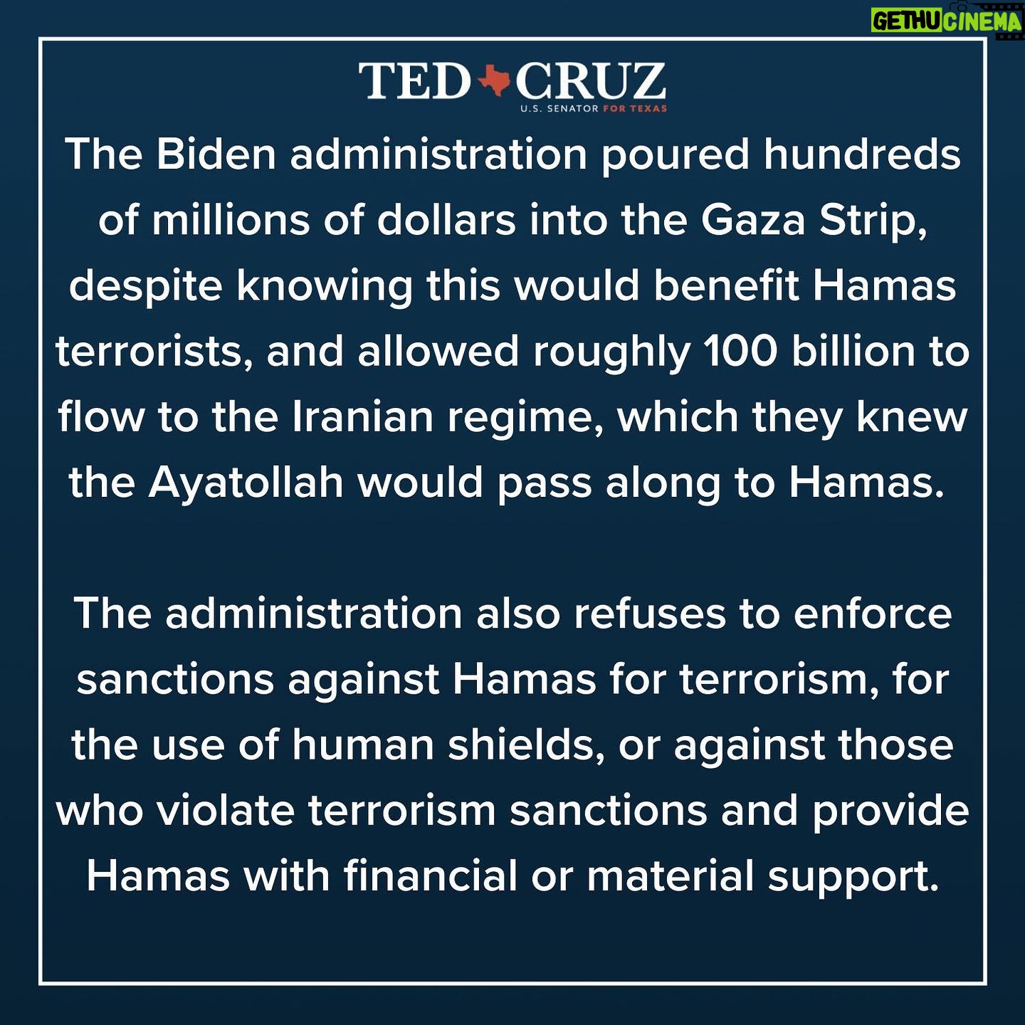 Ted Cruz - 5.9K Likes - Yesterday I introduced the Hamas Sanctions Act.
This is the first piece of legislation to comprehensively target Hamas.
It would impose sanctions on Hamas, its members and affiliates, and countries that provide funding and territory for Hamas operations.