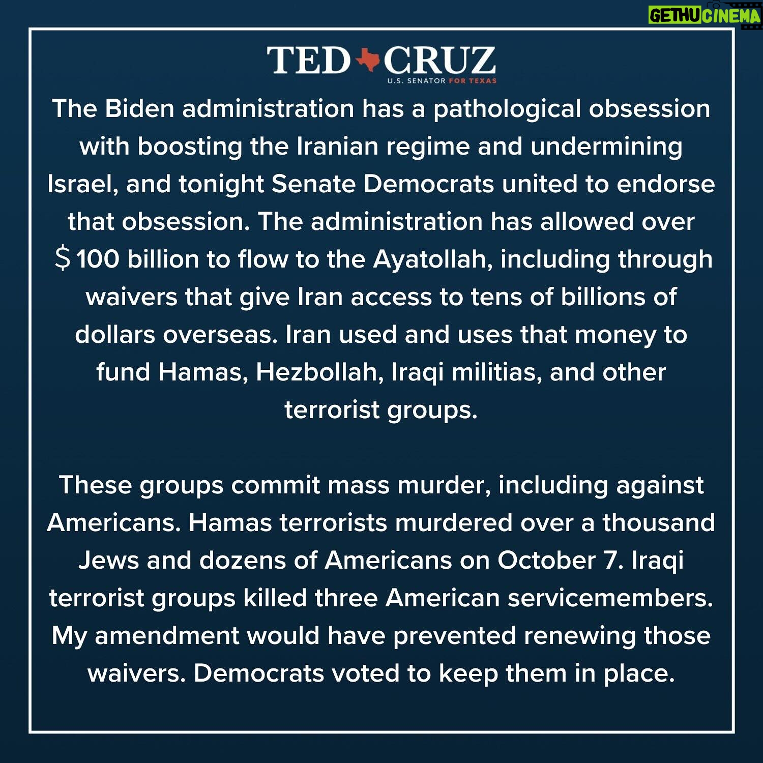 Ted Cruz - 6.1K Likes - Last night on the Senate Floor, I fought for an amendment to stop Democrats from sending billions to Iran — a country that routinely chants death to America and death to Israel.
Unsurprisingly, Democrats voted to keep sending money to a nation that is the largest state-sponsor of terrorism.
