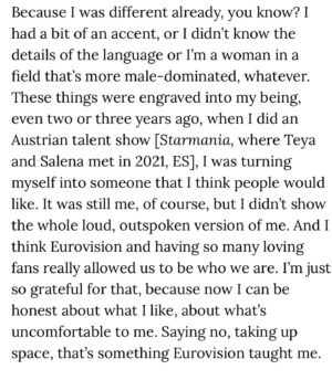 Teya Instagram - thank you for this honor @eurostory 
we are so incredibly grateful!

it‘s still so mindblowing how, when we released WTHIE, people immediately started caring about the topic and did their research, even though it‘s quite specific
as a songwriter, struggling to get people to hear my lyrics for years now, this meant the world ♥️