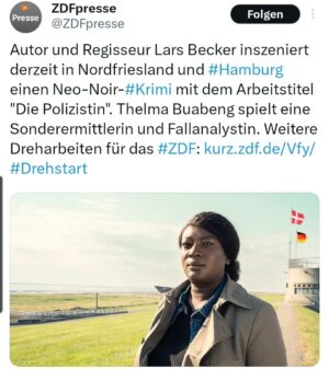 Thelma Buabeng Instagram - Let me introduce Detective Gloria Acheampong 👮🏿‍♀️

"Die Polizistin. Land der Toten"

Director: @larsbecker99 
Camera: Alexander Sachs
Redaktion: @danielblumhh 
Casting: @rebeccagerling
@networkmovie,  Studio Zentral (Lasse Scharpen) @zdfmediathek 

With:
@artjomgilz 
@jane.chirwa
@sinatkotsch 
@nicolasofczarek
@farba_dieng 
@mehmetdaloglu_ 
@eryilmazsahin 
@sinatkotsch 
@sonja.hurani
@enno_trebs 
@michaellottoffical 
@thomasschubert1220
Aurel Manthei
Marcel Heuperman
Doris Kunstmann
Robert Schupp

📸 @christine_schroeder_fotografie

#officerichwars 
#mitdemzweitensiehtmanbesser
🖤👮🏿‍♀️🖤