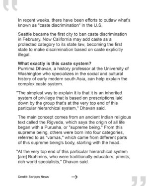 Thenmozhi Soundararajan Instagram - Read @scrippsnews article to get a better understanding of caste in the U.S. and why banning caste discrimination is so important, now more than ever. Learn more about the caste system and its history by examining the urgent call for legislation like California’s newly proposed anti-caste discrimination bill, SB 403. Californians deserve to live in a place that is safe for everyone and free from bigotry. You can find the link to the full article in our bio.

#yestocasteequity #yesonsb403