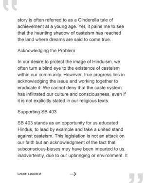Thenmozhi Soundararajan Instagram - Sabeer Bhatia, an entrepreneur and co-founder of Hotmail, stands with caste-oppressed communities in support of SB 403. Follow the link in our bio to read more about Sabeer’s story and why he supports the profound anti-caste discrimination bill. Sabeer also argues that we must acknowledge the problem of caste bias, and educate communities to encourage dialogue and promote inclusivity. 
–
“As a proud Hindu, an entrepreneur, and an advocate for equality, I urge my fellow Hindus to stand alongside me in supporting SB 403. Let us be the voice of change within our community, advocating for a society where caste-based discrimination is eradicated, and all individuals are afforded equal opportunities and respect.”

#yestocasteequity #yesonsb403