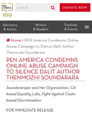 Thenmozhi Soundararajan Instagram - Thank you, @penamerica for standing in solidarity with our Executive Director, caste equity movement organizers, allies, and partners as we work to end caste-based discrimination and build a better future for all. We appreciate your support and clear commitment to freedom as we advocate for the implementation of progressive legislation like California’s SB 403.

Read the full statement at the link in bio.

#yestocasteequity #yesonsb403