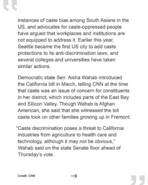Thenmozhi Soundararajan Instagram - Check out @CNN’s coverage of our historic win today-California is now one step closer to banning caste discrimination! Approved 34-1, the Senate passed SB-403, a bill that would update California’s civil rights law to explicitly include protections against caste bigotry. “Caste discrimination poses a threat to California industries from agriculture to health care and technology, although it may not be obvious,” says State Senator @aishabbwahab. We thank all of our organizers and partner organizations for making SB-403 a possibility. Jai Bhim!

#yestocasteequity #yesonsb403