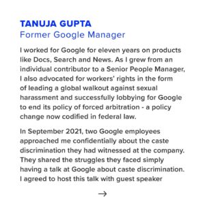 Thenmozhi Soundararajan Instagram - Tanuja Gupta, a former Google Engineering Program Manager, had planned to co-host a talk on caste bias at Google. However, the talk got canceled and when Tanuja complained, Google retaliated against her and disinformation began to spread. In her testimony, she states, “The company automatically lowered my performance rating for the next cycle, affecting my compensation, and deemed me ineligible for promotion for an unknown period of time.”
Stand with us as we stand up for all caste-oppressed Californians. Link in bio to sign our change.org petition advocating for SB-403, which would ban caste-based discrimination and provide much needed protections for caste-oppressed workers at companies like Google.

#yesonsb403 #yestocasteequity