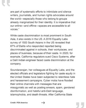 Thenmozhi Soundararajan Instagram - Thank you, @penamerica for standing in solidarity with our Executive Director, caste equity movement organizers, allies, and partners as we work to end caste-based discrimination and build a better future for all. We appreciate your support and clear commitment to freedom as we advocate for the implementation of progressive legislation like California’s SB 403.

Read the full statement at the link in bio.

#yestocasteequity #yesonsb403