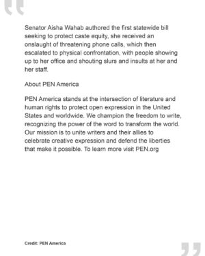 Thenmozhi Soundararajan Instagram - Thank you, @penamerica for standing in solidarity with our Executive Director, caste equity movement organizers, allies, and partners as we work to end caste-based discrimination and build a better future for all. We appreciate your support and clear commitment to freedom as we advocate for the implementation of progressive legislation like California’s SB 403.

Read the full statement at the link in bio.

#yestocasteequity #yesonsb403