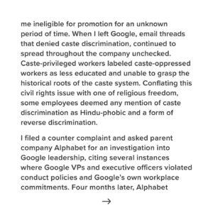 Thenmozhi Soundararajan Instagram - Tanuja Gupta, a former Google Engineering Program Manager, had planned to co-host a talk on caste bias at Google. However, the talk got canceled and when Tanuja complained, Google retaliated against her and disinformation began to spread. In her testimony, she states, “The company automatically lowered my performance rating for the next cycle, affecting my compensation, and deemed me ineligible for promotion for an unknown period of time.”
Stand with us as we stand up for all caste-oppressed Californians. Link in bio to sign our change.org petition advocating for SB-403, which would ban caste-based discrimination and provide much needed protections for caste-oppressed workers at companies like Google.

#yesonsb403 #yestocasteequity