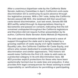 Thenmozhi Soundararajan Instagram - We are so thrilled to celebrate the California Senate’s decision to back the anti-caste discrimination bill, SB 403! This historic bill would make California the first U.S. state to add caste as a protected category in its anti-discrimination laws. SB 403 provides explicit protections for those who have been systemically harmed due to caste bias and also provides legal consequences for those seeking to avoid responsibility for permitting or participating in caste discrimination and caste-based violence. This is a day for celebration for our community! Swipe to read our full statement on this historic victory. Jai Bhim!

We, along with so many others, have worked tirelessly over the years to make caste equity a possibility. We thank our partners @southasiannetwork, @jakaramovement, @aanusa, @techequitycollab, @apalanational, @cfa_united, @rising_majority, metoomvmnt, @brascbuals, Hindus for Caste Equity, and Sri Guru Ravidassia Community of California.