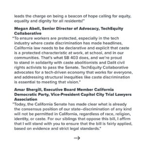 Thenmozhi Soundararajan Instagram - We are so thrilled to celebrate the California Senate’s decision to back the anti-caste discrimination bill, SB 403! This historic bill would make California the first U.S. state to add caste as a protected category in its anti-discrimination laws. SB 403 provides explicit protections for those who have been systemically harmed due to caste bias and also provides legal consequences for those seeking to avoid responsibility for permitting or participating in caste discrimination and caste-based violence. This is a day for celebration for our community! Swipe to read our full statement on this historic victory. Jai Bhim!

We, along with so many others, have worked tirelessly over the years to make caste equity a possibility. We thank our partners @southasiannetwork, @jakaramovement, @aanusa, @techequitycollab, @apalanational, @cfa_united, @rising_majority, metoomvmnt, @brascbuals, Hindus for Caste Equity, and Sri Guru Ravidassia Community of California.