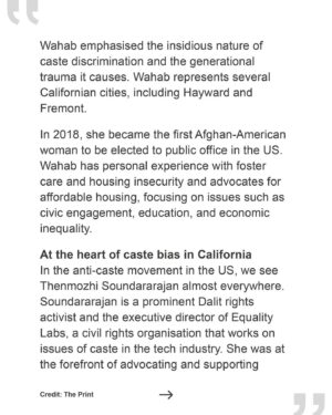 Thenmozhi Soundararajan Instagram - Meet the women leading the fight against caste discrimination! The anti-caste movement has always been a feminist movement and we are excited to celebrate women leaders like @aishabbwahab, @cm.kshama, @dalitdiva, @ajunat, and @yashicadutt, to name just a few. In this new article by @Profdilipmandal in @theprintindia, you can get to know the faces behind the movement for caste equity. 

Follow the link in our bio to read more!

#yestocasteequity #yesonsb403