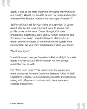 Thenmozhi Soundararajan Instagram - Check out Tanuja Gupta’s new piece on @medium where she discusses the origin and importance of Dalit History Month! The movement for caste equity has already made great headway this year—first with Seattle's ban on caste discrimination, and now with the introduction of California’s groundbreaking Bill SB 403. 
–
“This Dalit History Month, let’s make sure the California Senate knows that Senator Wahab doesn’t stand alone in her belief that we need to end caste discrimination.” - @ajunat

Take action with our community by heading over to the link in bio and calling legislators, urging them to become co-sponsors of SB 403, link in bio. 

#yestocasteequity #yesonsb403