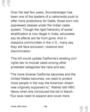 Thenmozhi Soundararajan Instagram - More terrific coverage of today’s historic win in the fight against caste discrimination! Head over to the link in our bio to read the @NBCNews article, which states that if the bill now passes the state Assembly and is signed by the Governor, California will be the first state in the nation to ban caste-based discrimination. @dalitdiva is quoted, saying, “There are so many people that want to heal from the trauma of caste … What’s been incredible about this moment is to see these really beautiful inter-caste and interfaith alliances, groups that have all said that they’ve been harmed by caste and want freedom from it.” Today is a celebration of caste equity for our communities! 

#yestocasteequity #yesonsb403