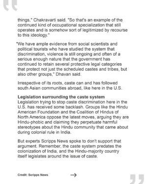 Thenmozhi Soundararajan Instagram - Read @scrippsnews article to get a better understanding of caste in the U.S. and why banning caste discrimination is so important, now more than ever. Learn more about the caste system and its history by examining the urgent call for legislation like California’s newly proposed anti-caste discrimination bill, SB 403. Californians deserve to live in a place that is safe for everyone and free from bigotry. You can find the link to the full article in our bio.

#yestocasteequity #yesonsb403