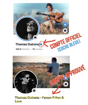 Thomas Dutronc Instagram - ‼️Toujours autant d’usurpateurs‼️
Faisez bien à tension !! 🤪 
LA COCHE BLEUE pour mes comptes officiels, et le compte Frites and Love que j’approuve, c’est tout !!
Ne vous faites pas avoir par les autres qui sont facilement repérables par la teneur approximative de leurs propos, les fautes, et un nombre d’abonnés infime. Je n’envoie aucune sollicitation en privé, ni pièce d’identité ou autre fausse preuve de mon identité, je ne demande pas d’argent, je ne vends pas de carte de fans etc…
Bref, virez les, signalez les, bloquez les, ignorez les, mais surtout NE LEUR RÉPONDEZ PAS ! ⛔️