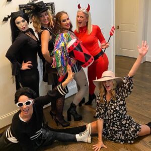 Tiffany Fallon Instagram - Holidays with these ladies = #splits #girlgang #halloween @ashleysmeade @laceyn3711 this needs to be showcased more often!!! @leslielangan @bluespaceluxetravel_heather @laurarouse21 #harleyquinn #schittscreek #deviledeggs #addamsfamily