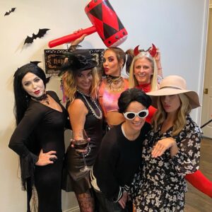 Tiffany Fallon Instagram - Holidays with these ladies = #splits #girlgang #halloween @ashleysmeade @laceyn3711 this needs to be showcased more often!!! @leslielangan @bluespaceluxetravel_heather @laurarouse21 #harleyquinn #schittscreek #deviledeggs #addamsfamily