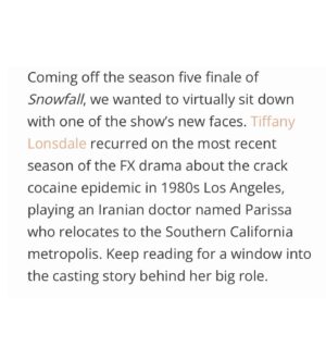 Tiffany Lonsdale Instagram - A peek into the life of an actor and a casting story 🎭 Thank you Cat and @castingnetworks for a fun interview!⁣
⁣
Full article available here:⁣
⁣
https://www.castingnetworks.com/news/my-casting-story-tiffany-lonsdale-on-snowfall/