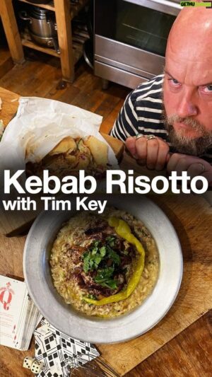 Tim Key Instagram - KEBAB RISOTTO
I’m the Snack Hacker, demonstrating fast, easy, innovative ideas for tasty bites. 
Poet, comedian, actor, author, film-maker, star of Mid Morning Matters and This Time with Alan Partridge, Perrier Award Winning live performer and all round creator Tim Key (@timkeypoet) joined me with a sensible and resourceful recipe for a ‘morning after’ feast. And it really was superb. Tim’s new book ‘Chapters’ is released in bookshops on Feb 14th.
INGREDIENTS:
1 cold doner kebab from the night before, meat removed and shredded
1 onion, chopped
2 cloves garlic, crushed
a pair of handfuls of risotto rice
some lager, like Kronenbourg 1664
chicken stock (about a pint)
tahini
houmous (I used @smorls, the best houmous in Brighton)
sumac
lemon
fresh coriander, chopped
preserved chillis
METHOD. 
Sweat the onions and garlic in some oil and butter until translucent and then add half the doner meat. Fry until well-cooked. Add about a teacup of lager and cook out until it’s almost all evaporated away. Now add ladlefuls of stock, stirring constantly to work the starch in the rice and make it creamy. Keep adding until the rice is just the wrong side of cooked but only just. Pour in a generous slug of tahini and stir through. It might need slaking down with a little water. While it settles fry the remaining half of the kebab meat over a high heat until really crispy. Serve the risotto in a bowl, top with houmous, then the crispy doner meat, coriander, a squeeze of lemon, a sprinkle of sour sumac and dress with a long preserved chilli. 
AND REMEMBER you can find all my Snack Hacker episodes, FULL SCREEN as well as longer edits of some of them on my YOUTUBE. Just search for George Egg or Snack Hacker.
#kebab #streetfood #donerkebab #kebabrisotto #risotto #fastrecipe #quicksnack #snack #snacks #diychef #easyrecipes #timkey #alanpartridge #thistimewithalanpartridge #perrieraward #leftovers #leftoverrecipe #sidekicksimon #simondenton #snackhacker #easysnacks #diycooking #georgeegg #easyrecipes #easysnacks #fastdinners #easyrecipes #fyp #hack #hacks
