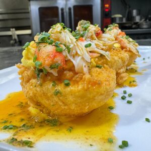 Tobias Dorzon Instagram - Snow crab Scampi Crispy Deviled Egg 💫 
Should I run these? 
#ChefTobias #Huncho