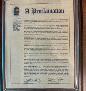 Tobias Dorzon Instagram - Today was a day…….A great day it was!!
Princes George’s County Proclamation Day 📜
.
Honored by the county for being the first Chef & Restaurant to win Chef of the year in the state of Maryland. 
😂 we did this out of an old five guys lol so just imagine what we about to do. @1123_thehunchoexperience next month 😮‍💨
#ChefTobias #Huncho
