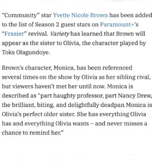 Toks Olagundoye Instagram - The second there was mention of Olivia’s sister in season one of the Frasier reboot, I went to writers and said “if we ever meet Monica, it has to be @yvettenicolebrown”. Well, dreams to come true. I love this woman with my whole heart. She is beauty and goodness inside and out, talent personified and also happens to be the most fun as well as the smartest person in any room that she is in. I am honored to know her and even more honored that she graced our show with her amazingness. Thank you, Yvette, you are, indeed, a dream come true ♥️
•
Article from @variety 
•
#Beauty #Grace #Talent #MoldBroken #SimplyTheBest #Frasier #Monica #YvetteNicoleBrown #Yvette #Nicole #Brown #Sisters #Bestest #Sister #Ever #BestSister #TheBest #BestSisterEver #SistersForever #Reboot #Comedy #FunnyLady #Comedian #ComedicActor #Actress #ActressLife #Talent #Talented #OneOfAKind #Crochet