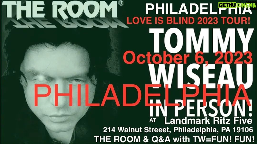 Tommy Wiseau - 4.1K Likes - ❤️PHILADELPHIA!!!! JOIN ME IN PERSON !!!! Q&A PICS I'LL SIGN !!!! LET'S MAKE THIS MEMORABLE !!!🏈😎🐥
PHOTO OPPORTUNITY !!!
Philadelphia Screening Countdown: 4 DAYS !!!
"The Room" IN PERSON Q&A (Before Screening)🐶
Philadelphia October 06, 2023
(For ticket link type in Google: "Ritz Tommy Wiseau in Person")
Big Shark IN PERSON Q&A (After Screening)🦈
Philadelphia October 07, 2023
(For ticket link type in Google: "Ritz Tommy Wiseau in Person