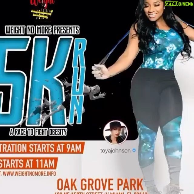 Toya Johnson - 693 Likes - 🗣🗣🗣Miami, Fl
Team “Weight No More” is super excited to be kicking off their 5k walk/ run tour in your city! Grab your family and friends and join them on March 28th at Oak grove park. They are looking for a dope trainer to join in the pre-warm up activities with @iamthekingoffitness. Go see @toyajohnson soon in Miami !! 😉#wnmmiami #itsalifestyle 💪🏾💪🏾💪🏾. Register today! www.weightnomore.info