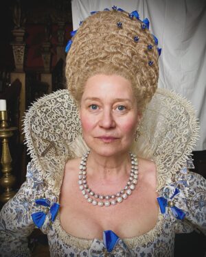 Trine Dyrholm Instagram - Mary & George - Queen Anne of Denmark 
Swipe for close ups and behind the scenes..

These are some variations of my favourite hairstyle for @trinedyrholmofficial as the Queen. Possible one of the hardest wig stylings I’ve ever had to do… The whole look was created with just the wig hair (only additional is the trellis trim) and a lot of hope… When our amazing Hair and Make Up Designer @paulgoochmakeupandhair suggested this for a style, I was terrified and excited. How to create tiny waves, in semi circles that all match up? Up a frame?!!! It took a lot of concentration, patience, a small Marcel tong and zero interruptions! (Before anyone zooms in, wig lace at sides was purposely left unglued to allow for Trine’s expressive broad smiles… 😃) 

Gorgeous make up by @inezella_makeup 

Trine was an absolute dream to work with. Thank you so much for your patience, care and professionalism. And the laughs!!!

Huge thank you to Paul Gooch for asking me to be your Key Hair within your fabulous team on this wonderfully epic project ❤️❤️❤️

Stunning costumes by @annieruthsymons 

And thank you Director @oliver_hermanus  for appreciating the backs of hairstyles and including them in shot! 🥰

@herapictureslondon @skytv @maryandgeorgenews #skytv #maryandgeorge #keyhair #periodhair #periodhairstyling #hairstylist #wigstylist #jacobeanhairstyle